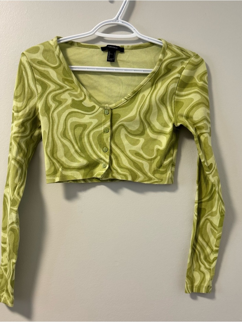 Forever 21 Lime Green Swirl Crop Button-Front Top Small